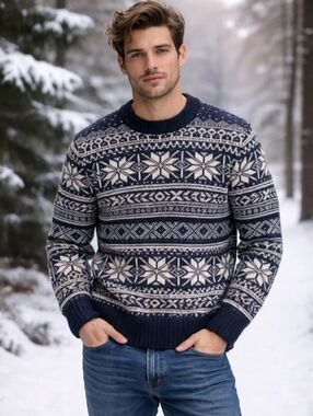 J. Crew Men's Crewneck Wool Sweater Size Large Snowflake Ski Nordic Holiday